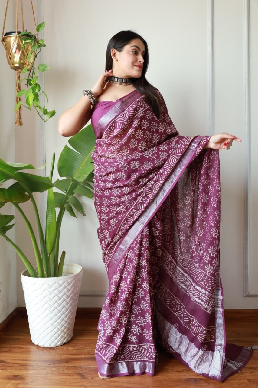 Hand Block Printed Linen Saree with Blouse